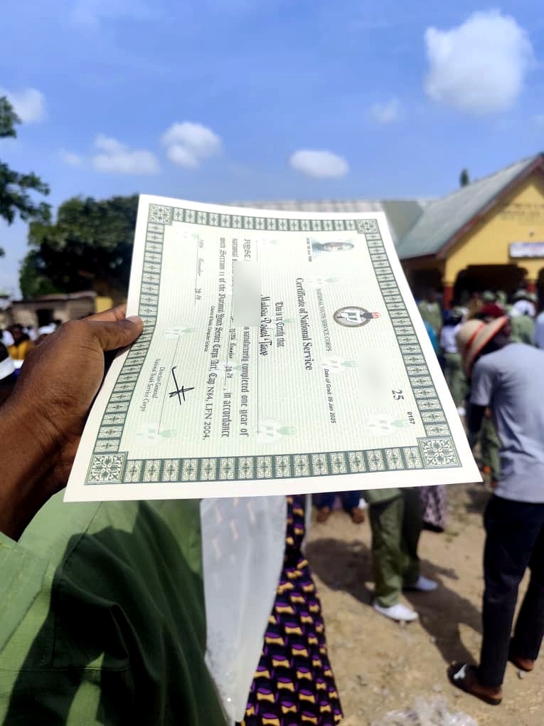 Close-up of Rasheed Taiwo's NYSC Certificate of National Service