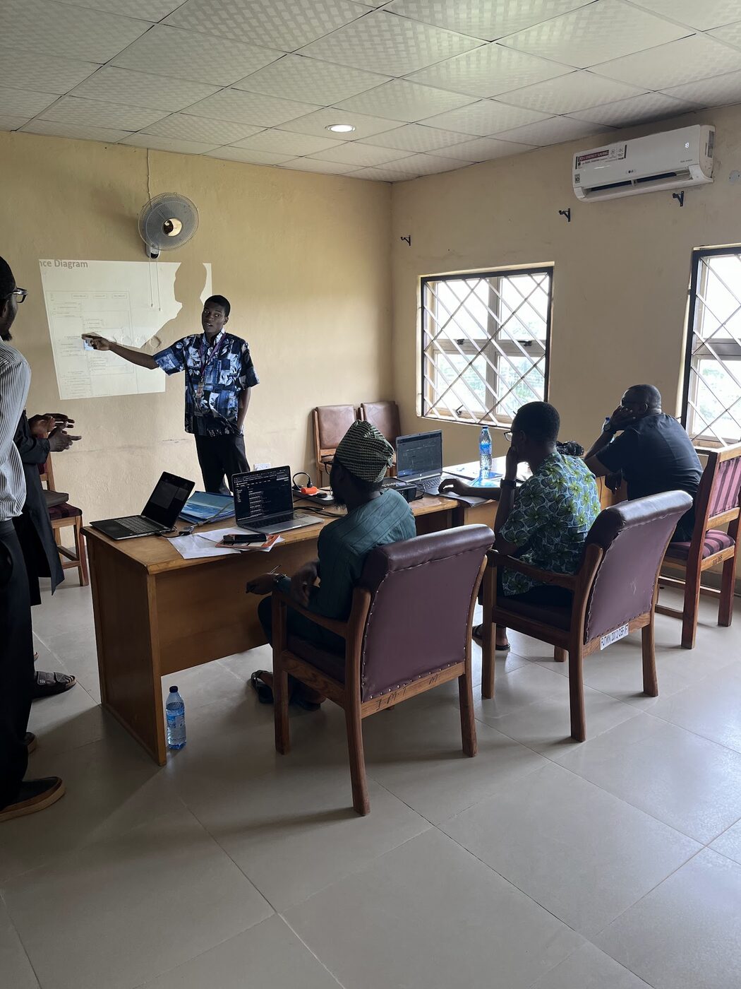 Students in a project evaluation and lab review session demonstrating working software to departmental lecturers