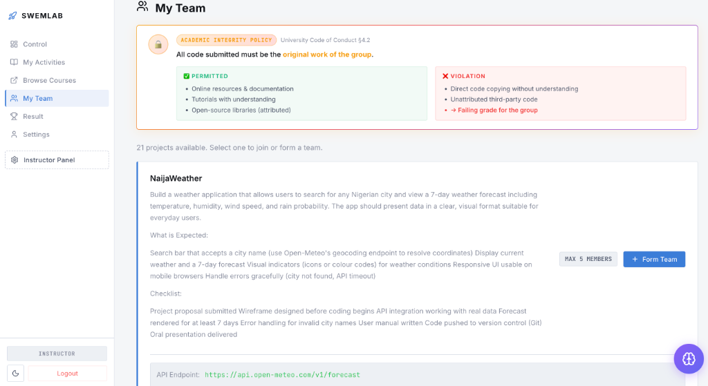 SWEMLab Team Project Hub showing NaijaWeather project brief, academic integrity policy, and live API endpoints